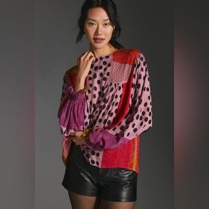 Anthropologie Blank London Miranda Peasant Multi-Print Blouse Top Pink Small